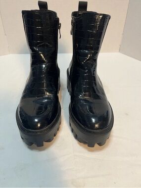 Women's Black Croc-Embossed Chunky Moto Boots